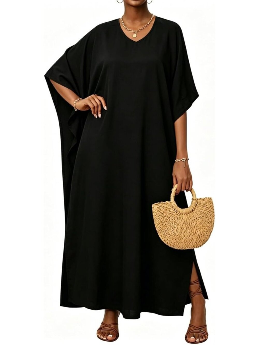Women's All Black Plus Size V Neck Caftan Long Batwing Sleeve Cover Up
